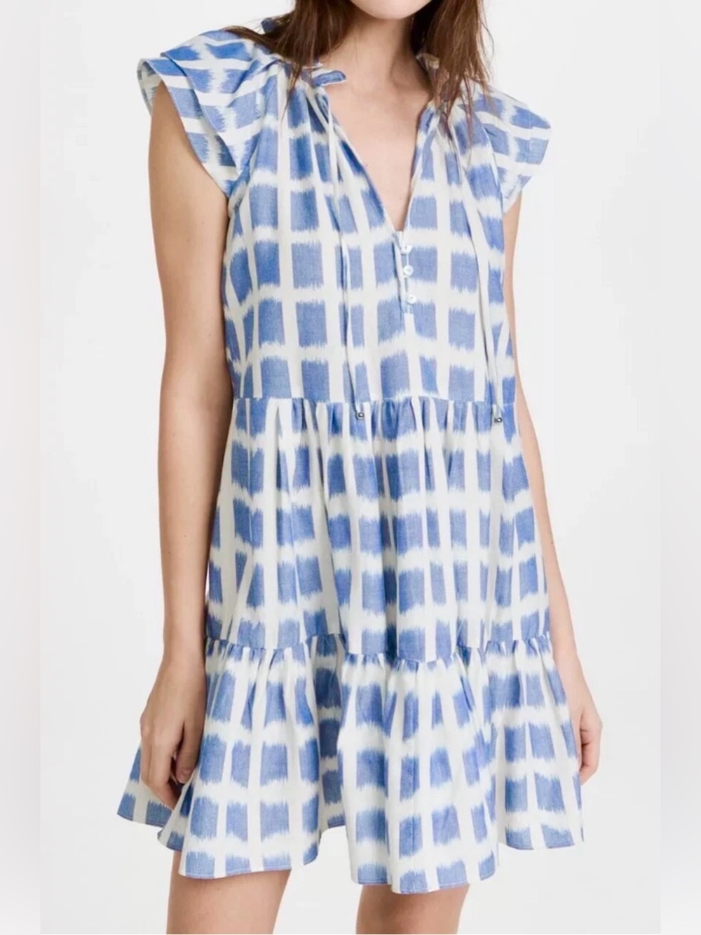 Veronica Beard Zee Mini Dress Ikat Grid Print Blue White Size 2, EUC